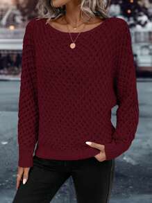 SHEIN LUNE 素色蝙蝠袖套頭毛衣 - 酒紅色 - 查看 7