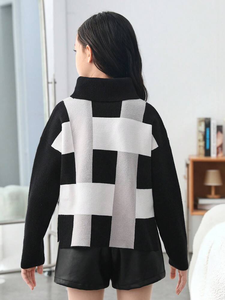 Tween Girl Plaid Pattern Turtleneck Drop Shoulder Sweater