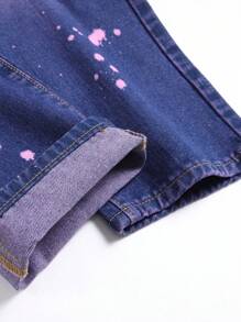 Men Splash Ink Print Ripped Frayed Bleach Wash Jeans - Purple - View 9