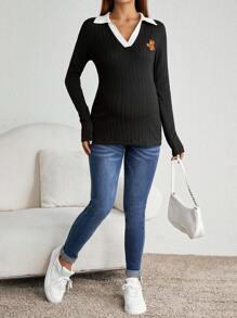 SHEIN Maternity Bear Patched Contrast Collar Tee - Black - View 3