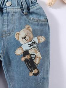 Baby Boy Street Casual Skateboarding Bear Print Elastic Waist Ripped Baggy Jeans - Light Wash - View 4