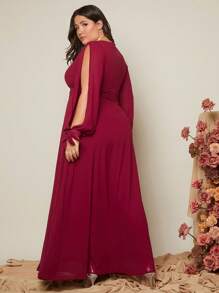 SHEIN Belle 大碼前扭結開衩袖高衩雪紡伴娘洋裝 - 紅色 - 查看 4