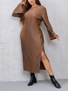 SHEIN Essnce Talla grande Vestido de muslo con abertura - Caqui - Ver 4