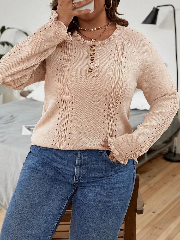 Plus Frill Trim Eyelet Detail Sweater