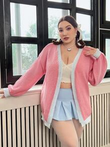 Flirla Plus Contrast Trim Drop Shoulder Duster Cardigan - Pink - View 4