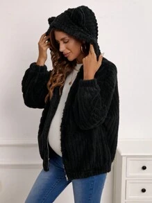 SHEIN 孕婦拉鏈開襟落肩袖連帽毛茸茸夾克 - 黑色 - 查看 3