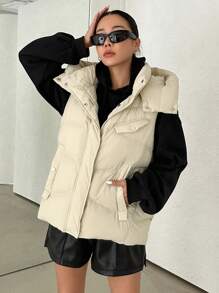 DAZY 斜口袋连帽背心加厚口袋外套，女士冬季外套夹克 - 綠色 - 查看 5