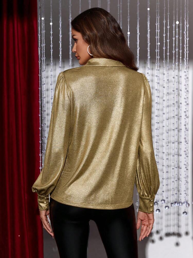 Metallic Puff Sleeve Button Front Shirt