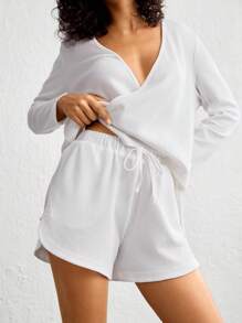 素色腰部抽繩休閒短褲