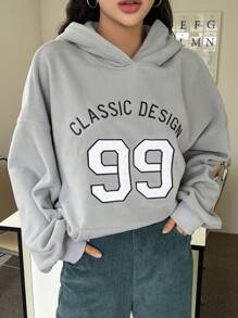 DAZY 字母圖案落肩袖連帽衫 - 灰色 - 查看 1