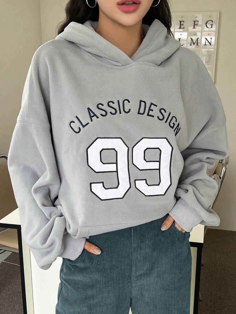 DAZY 字母圖案落肩袖連帽衫 - 灰色 - 查看 1