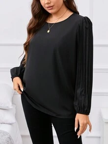 SHEIN Clasi Hơn Chất rắn Xếp li Tay áo lồng đèn Áo sơ mi - màu đen - Xem 5