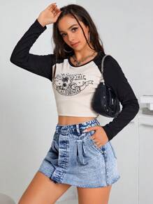 SHEIN EZwear 褶皺牛仔半身裙 - 中等水洗藍 - 查看 5