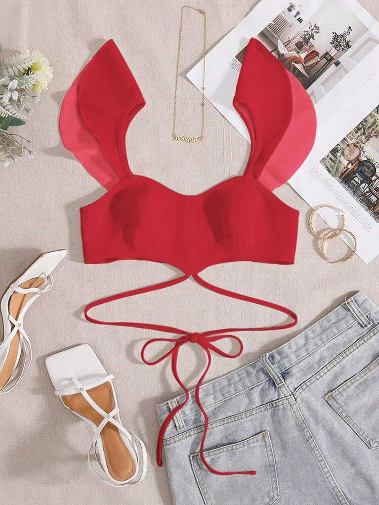 SHEIN Holidaya Áo nữ Hội Chữ thập Thắt nút Ren lên Xù màu trơn - Đỏ - Xem 3