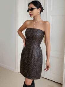 GENKIRA 花卉圖案提花抹胸洋裝 - 巧克力棕 - 查看 3