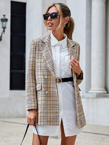 EURMUSE Plaid Print Lapel Neck Double Button Blazer - Beige - View 3