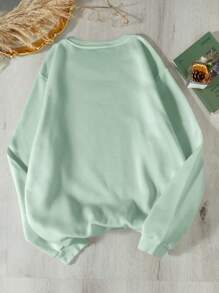 SHEIN EZwear 大碼字母圖案加絨內裏運動衫 - 綠色 - 查看 2