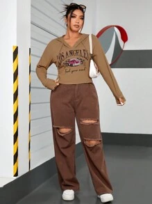 SHEIN EZwear 大碼汽車和標語圖案抽繩連帽T恤 - 棕色 - 查看 5