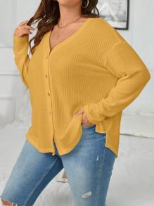 SHEIN Essnce Plus Waffle Knit Drop Shoulder Tee - Yellow - View 5
