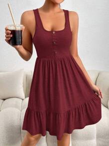 Button Detail Ruffle Hem Dress - Burgundy - View 7