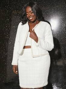 Slaydiva 大碼珍珠串珠開門襟夾克&半身裙 - 白色 - 查看 3