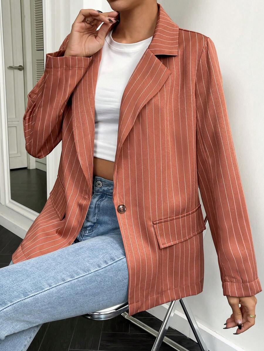 Chiquease 條紋印花單釦西裝外套 - 鏽棕色 - 查看 1