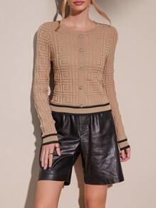 SHEIN Essnce 條紋飾邊前紐扣短款毛衣 - 彩色 - 查看 5