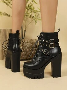 Giày bốt thời trang thu/đông dành cho nữ, phong cách Anh, đế dày, đế chống thấm nước đôi, gót dày, bốt ngắn, mũi tròn, giày cao gót, bốt dành cho nữ - màu đen - Xem 3