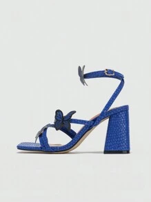 女性高跟鞋粗跟高跟鞋露趾蝴蝶&花卉圖案藍色的涼鞋適用於戶外,夜店或者高端場合 - 藍色 - 查看 3