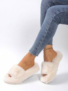 Dép lê đế xuồng hở mũi mềm mại, thoải mái dành cho nữ mùa Thu/Đông, dép đi trong nhà chống trơn trượt, dép bông. - Màu be - Xem 5