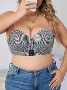 Plus Striped Print Underwire Bra With 1pair Transparent Strap - Black and White - View 4