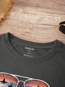 SHEIN EZwear Glasses & Slogan Graphic Tee - Dark Grey - View 3