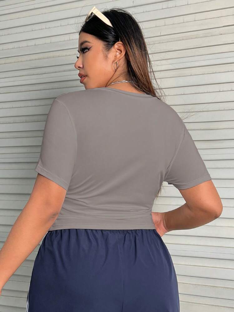 SHEIN EZwear 大碼素色側收褶T恤 - 灰色 - 查看 2