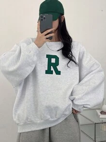 DAZY Letter Graphic Drop Shoulder Pullover,Long Sleeve Tops,Fall Clothes Sweatshirt - Light Grey - View 5