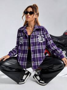 SHEIN EZwear 格紋&字母圖案落肩袖花呢外套 - 紫色 - 查看 1