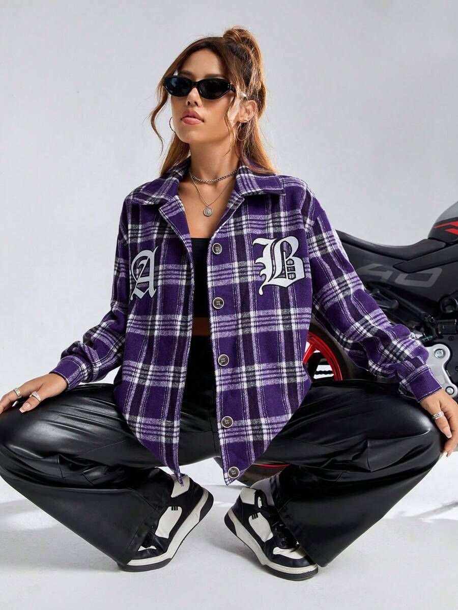 SHEIN EZwear 格紋&字母圖案落肩袖花呢外套 - 紫色 - 查看 1