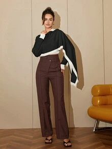 女士拼布撞色长袖圆领时尚短款针织毛衣 - 黑色 - 查看 7