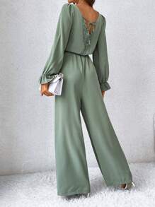 SHEIN Frenchy Contrast Lace Tie Back Flare Sleeve Wide Leg Jumpsuit Winter Elegant Green Christmas - Green - View 1
