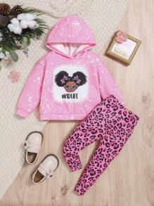 SHEIN Baby Girl Letter & Figure Graphic Hoodie & Leopard Print Leggings - Pink - View 1