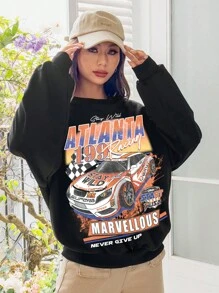 SHEIN EZwear Women's European And American Style Loose Fit Sweatshirt With Racing Slogan Print - Black - View 8