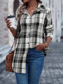 SHEIN LUNE Plaid Print Button Front Shirt - Black - View 6