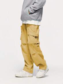 Men Flap Pocket Side Drawstring Waist Cargo Pants - Yellow - View 3