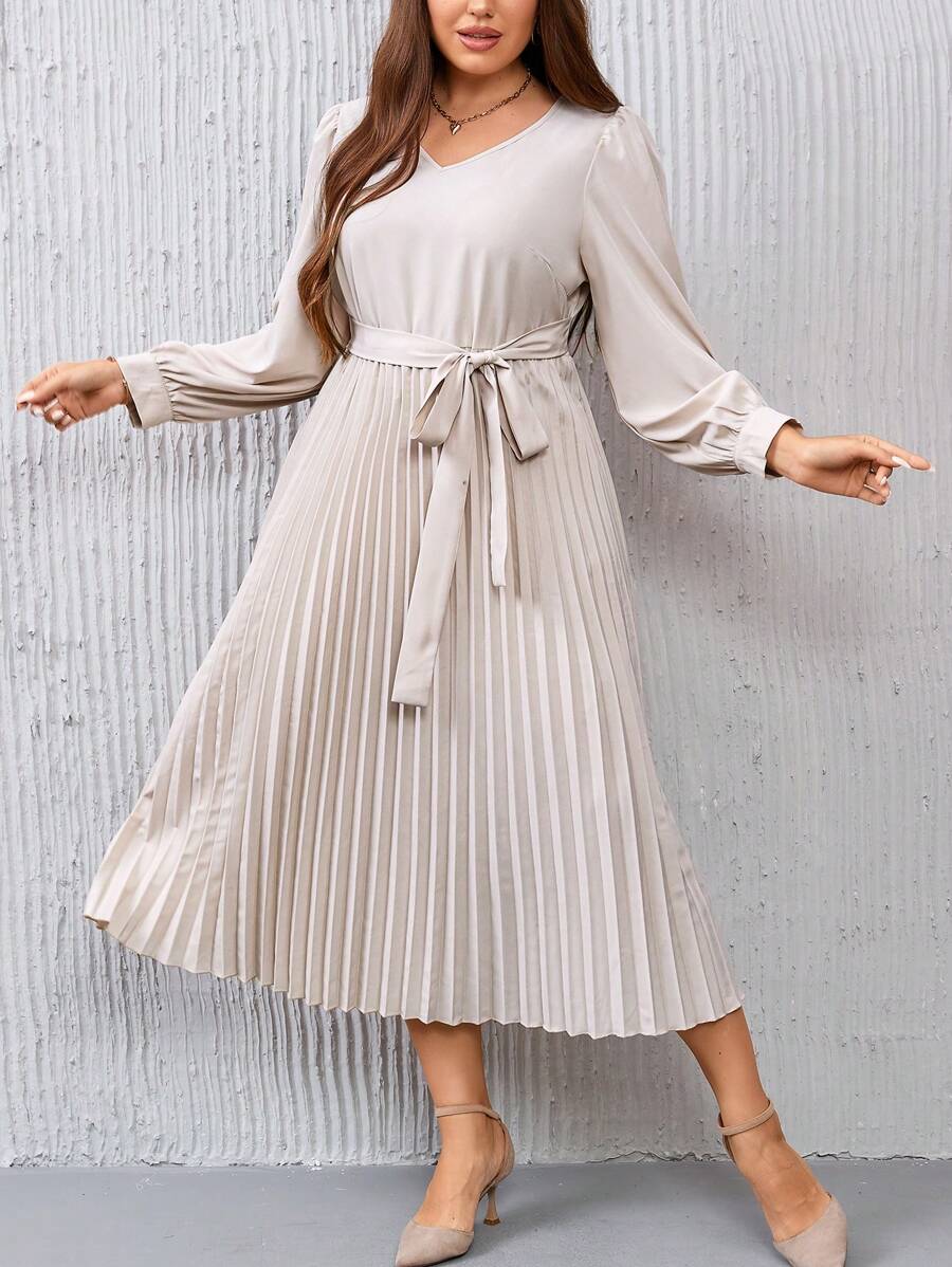 SHEIN Clasi Plus Lantern Sleeve Pleated Hem Belted Dress - Apricot - View 1