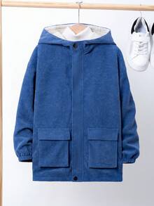 SHEIN 男大童翻蓋口袋毛絨內襯連帽燈芯絨大衣無毛衣 - 藍色 - 查看 4