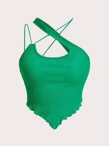 SHEIN ICON 十字交叉不對稱領木耳邊頭巾下擺上衣 - 綠色 - 查看 1