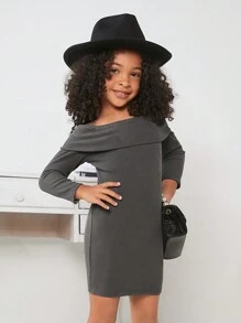Young Girl Foldover Off Shoulder Dress - Grey - View 3