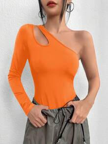 SHEIN BAE 單肩鏤空連身背心 - 橘色 - 查看 5