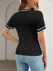 SHEIN Clasi Contrast Binding Tie Neck Knit Top - Black - View 2