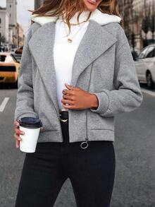 SHEIN LUNE Áo khoác Moto trễ vai có khóa kéo - Xám - Xem 6