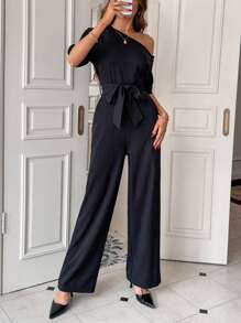 SHEIN Unity Chất rắn Thắt lưng Áo liền quần ống rộng - màu đen - Xem 6